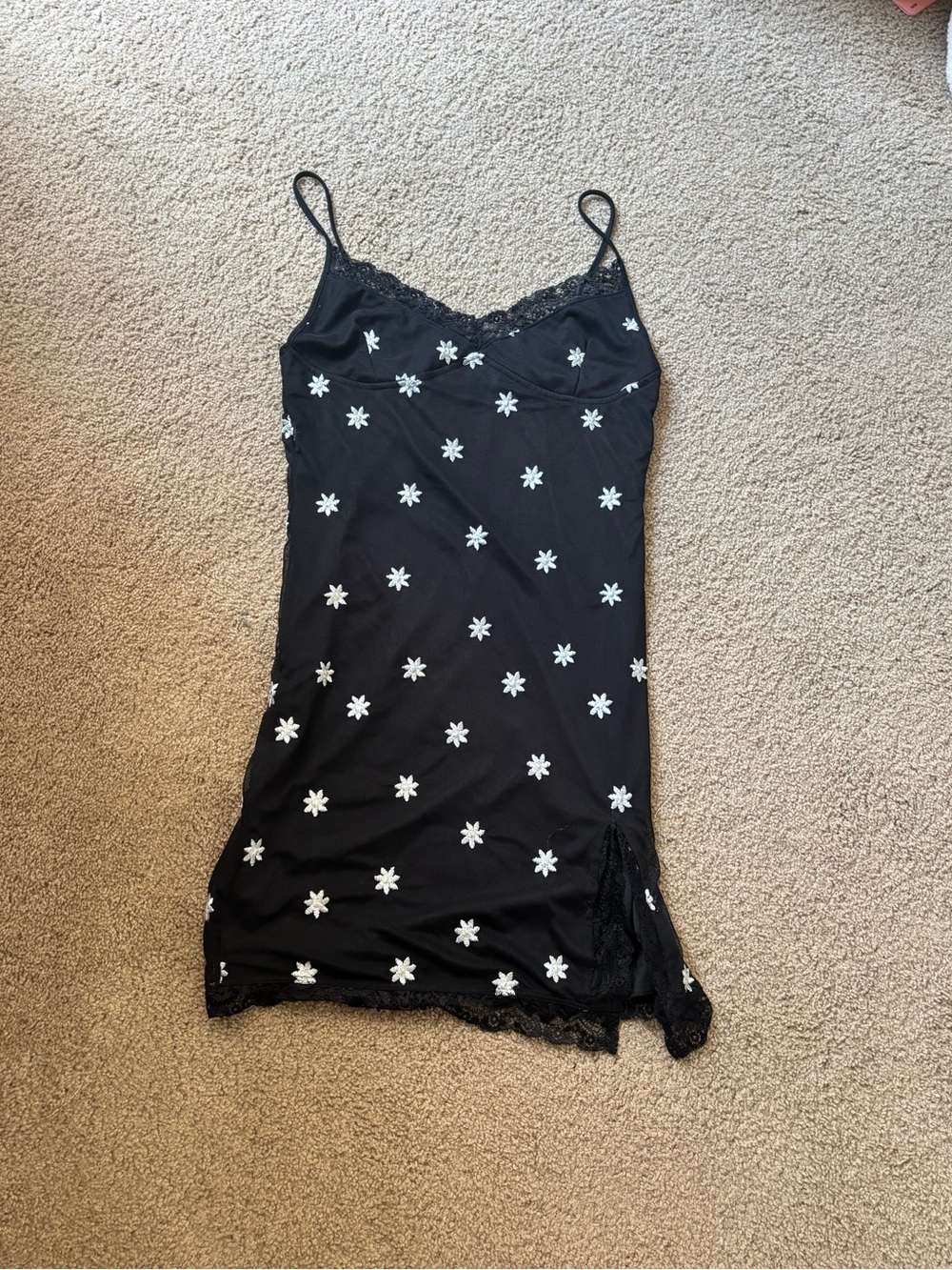 MOTEL ROCKS Black Floral Slip Dress with White Daisy Embroidery